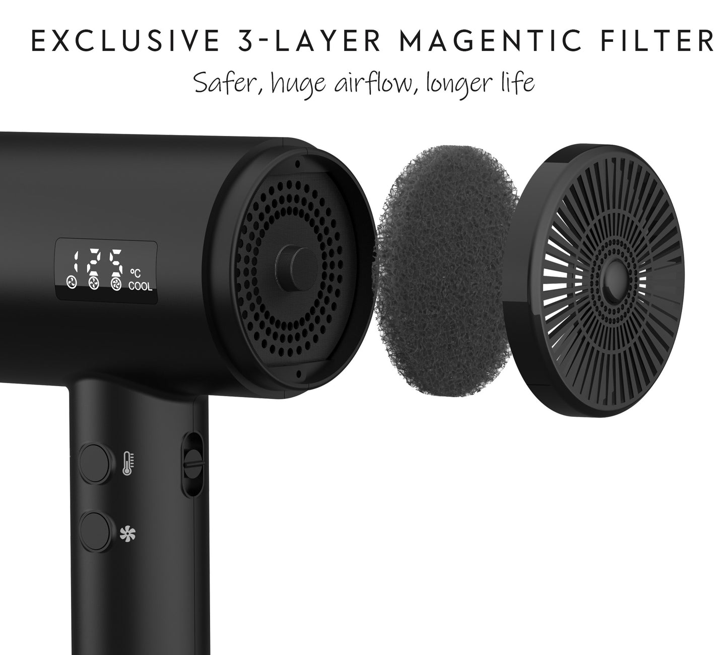 AINA Professional Salon Hair Dryer,2000W Blow Dryer with Diffuser Brush Comb for Women-BLDC Hair Dryer-Brushless Motor 150,000 RPM,Ionic,LED Display,4 Magnetic Attachments 110V/ALCI (Vader Black)