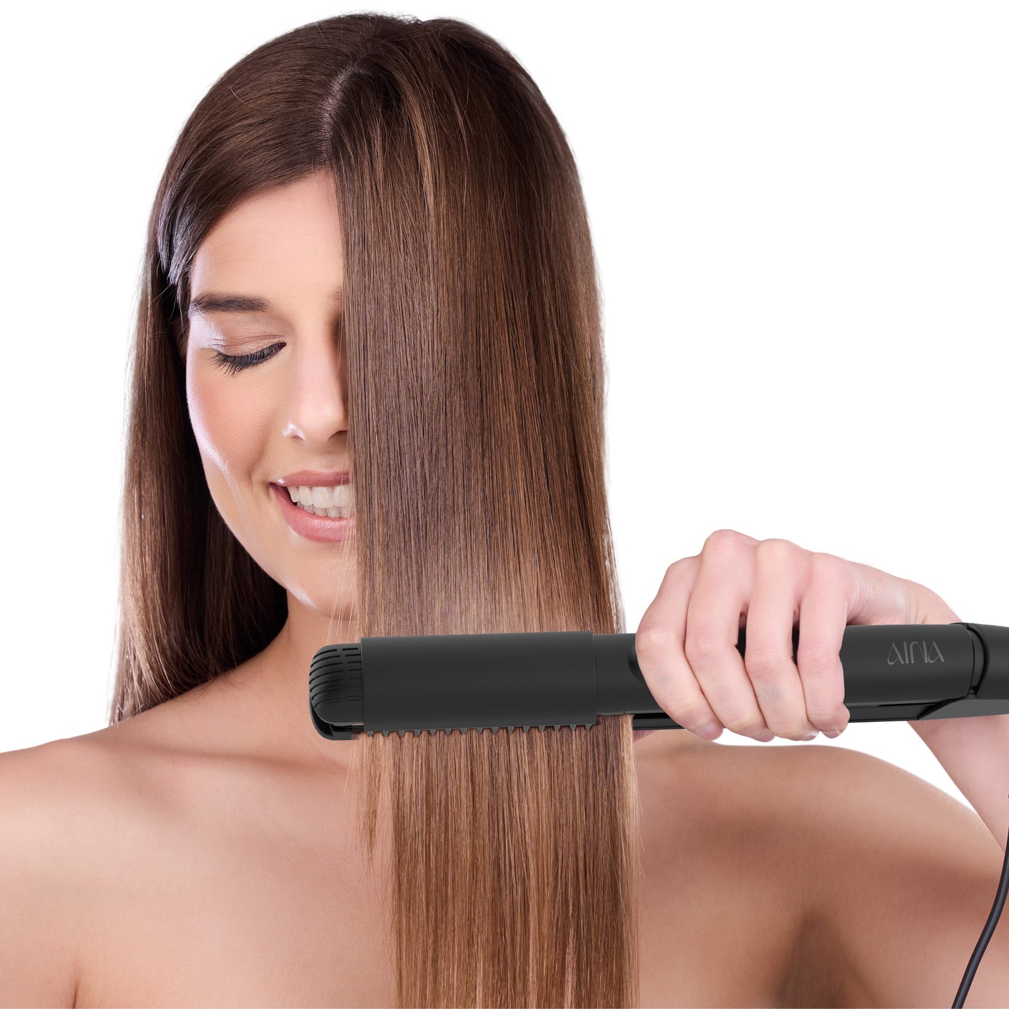 AINA Hair Straightener Brush, Flat Iron | Titanium Plates Dual Voltage Hair Straightening Curling Iron 2 in1 | Resolve Tangled frizz (Black)