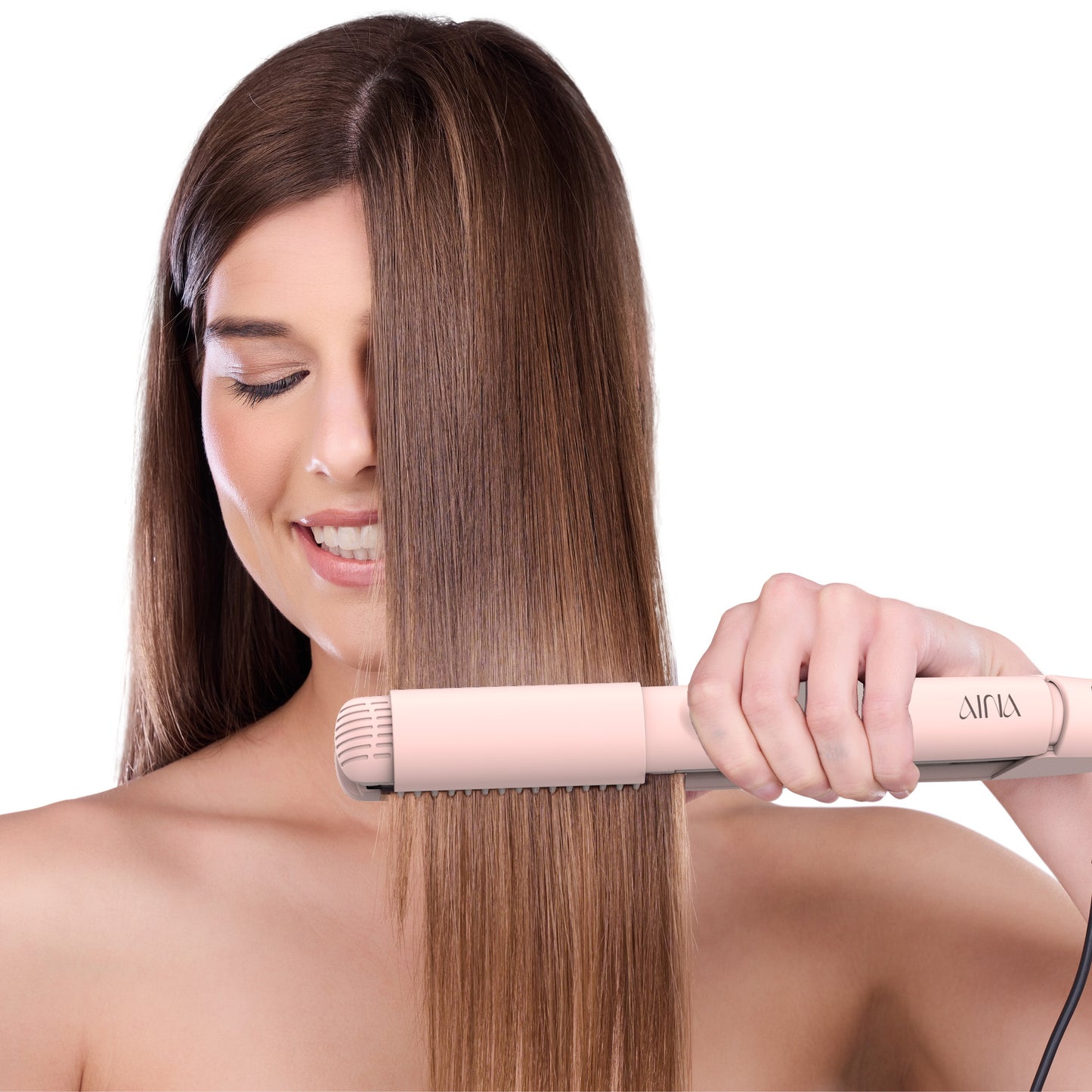 AINA Hair Straightener Brush, Flat Iron | Titanium Plates Dual Voltage Hair Straightening Curling Iron 2 in1 | Resolve Tangled frizz (Pink)