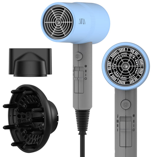 AINA Hair Dryer with Diffuser, Blow Dryer for Women | Advanced Ionic Technology, Ceramic Coating | Cold Shot Features Turbo Heat for Fast Drying and Shine(Blue&Grey)