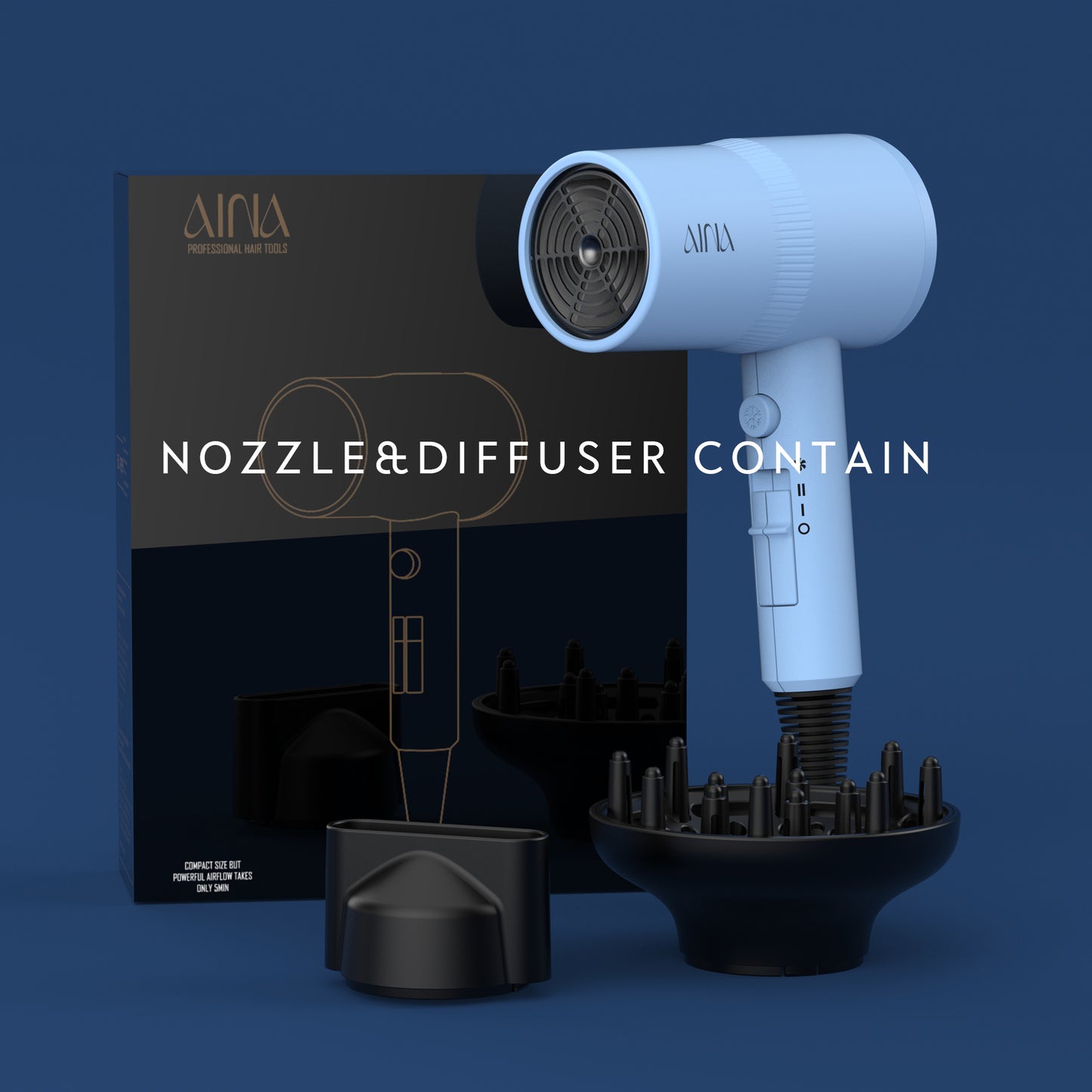 AINA Hair Dryer with Diffuser, Blow Dryer for Women | Advanced Ionic Technology, Ceramic Coating | Cold Shot Features Turbo Heat for Fast Drying and Shine(Blue)