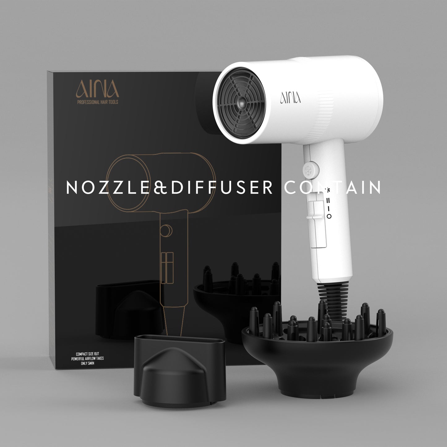 AINA Hair Dryer with Diffuser, Blow Dryer for Women | Advanced Ionic Technology, Ceramic Coating | Cold Shot Features Turbo Heat for Fast Drying and Shine(White)