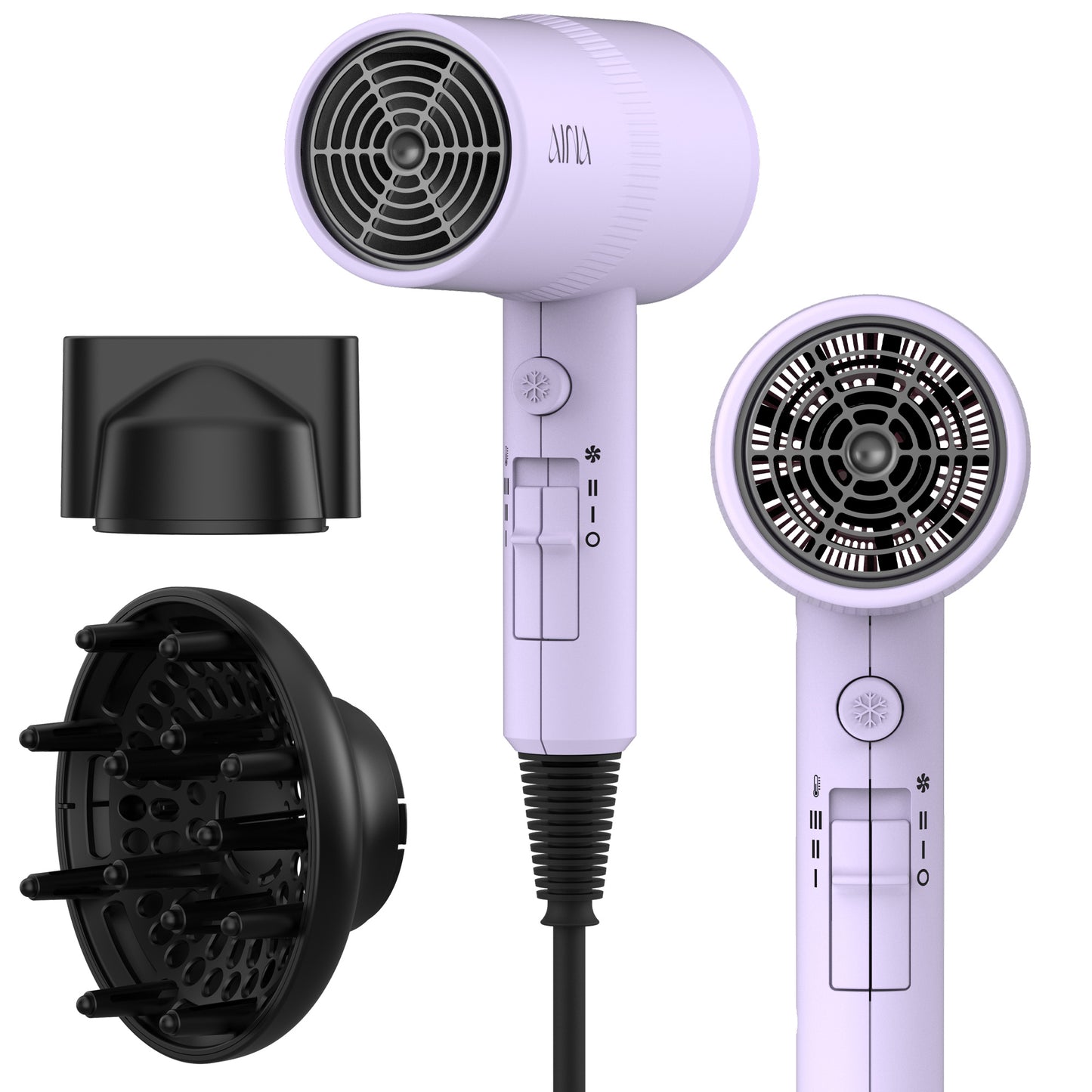 AINA Hair Dryer with Diffuser, Blow Dryer for Women | Advanced Ionic Technology, Ceramic Coating | Cold Shot Features Turbo Heat for Fast Drying and Shine(Purple)