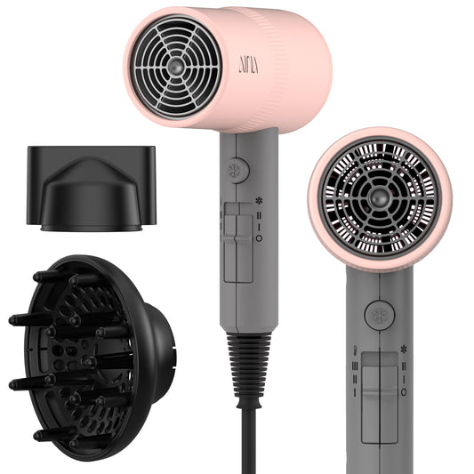 AINA Hair Dryer with Diffuser, Blow Dryer for Women | Advanced Ionic Technology, Ceramic Coating | Cold Shot Features Turbo Heat for Fast Drying and Shine(Pink&Grey)