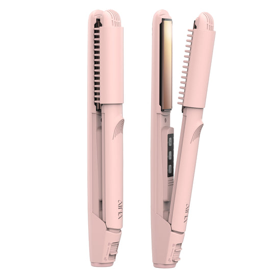AINA Hair Straightener Brush, Flat Iron | Titanium Plates Dual Voltage Hair Straightening Curling Iron 2 in1 | Resolve Tangled frizz (Pink)